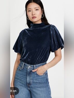 Free People Velvet Puff Sleeve Mock Neck Top - Navy